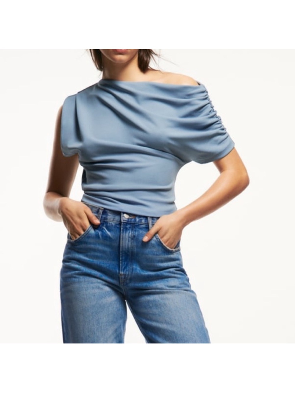 Zara One-Shoulder Draped Crop Top in Light Blue